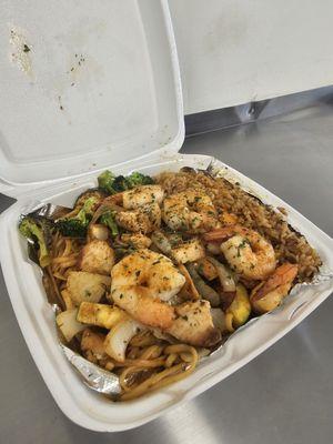 Chicken and shrimp noodle and rice plate