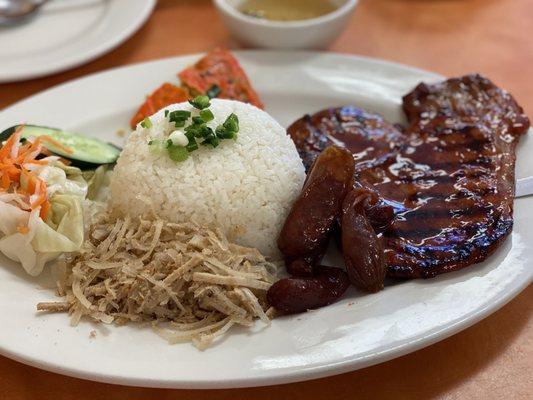 Grilled pork chop with broken rice and julienned pork and steamed pork egg cake. (#28)