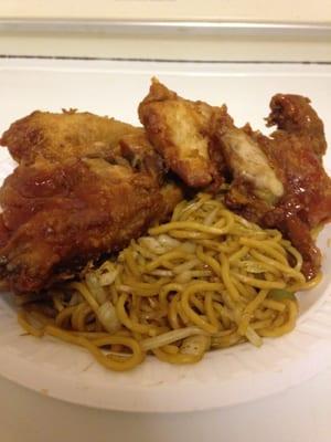 Fried half chicken, and beef lo-mein