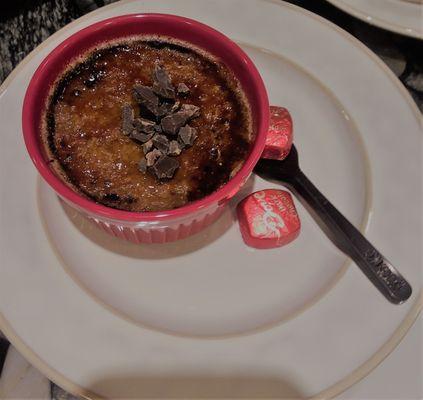 Dark Chocolate Creme Brulées with chili chocolate crumble