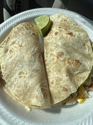 Two egg tacos w/cheese and bacon, on handmade flour tortillas (one w/added pico de gallo)