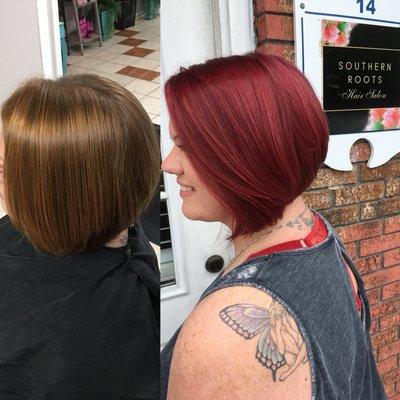 Took her beautiful copper haircolor to this gorgeous berry haircolor. And shaped up her haircut