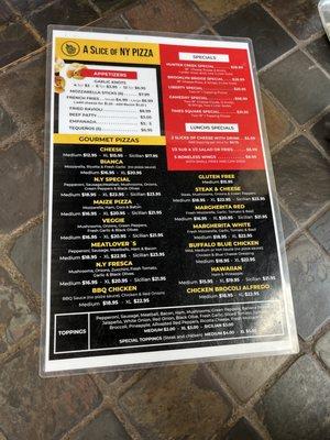 Menu w/ appetizers and specials