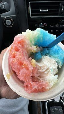 Shaved ice with a scoop of vanilla ice cream