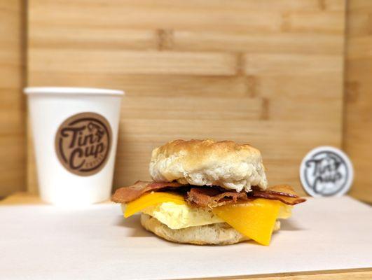 Try our bacon, egg, and cheddar biscuit!