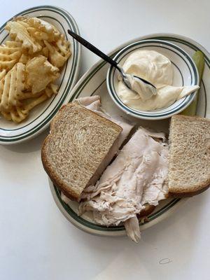 Double Turkey, waffle fries and chips