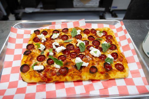 The Sojourner Pizza - Pepperoni, ricotta cheese & hot honey!