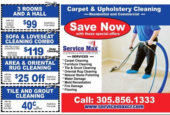 Specials going on in all Dade County 305-856-1333 www.servicemaxcarpetcleaningmiami.com