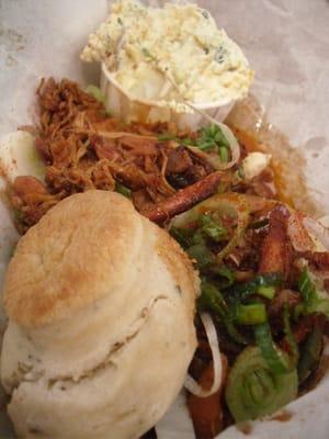 Fiddlers Biscuit: Sour cream & sage biscuits, smoked chicken, green onion, Tennessee wildflower honey and a side of potato salad