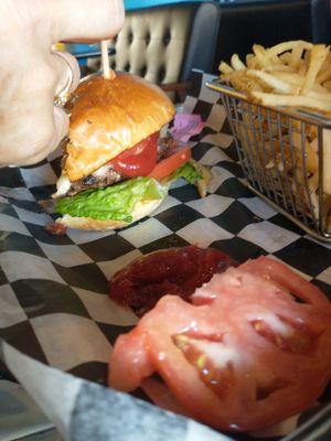 Wife's burger with fries.