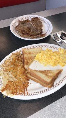 T-Bone Steak Dinner with scrambled eggs and cheese! I was so greedy I ordered a bacon cheeseburger on the side lol