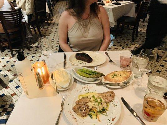 New York Strip, Asparagus, Garlic Mashed Potatoe, Mac & Cheese and Gulf Fish of the Day