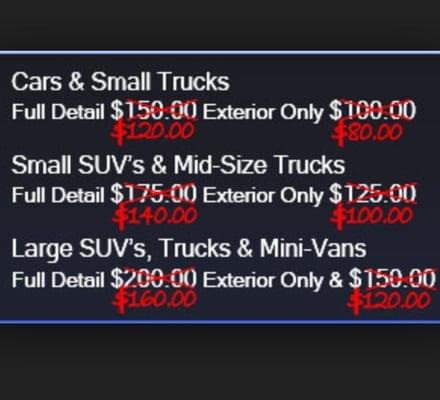 REG. WASH CARS/ small SUV's starting @..$25 TRUCK SUV's & MINI VANS @ $35 includes super soapy 100% hand wash vacuum & tire wett