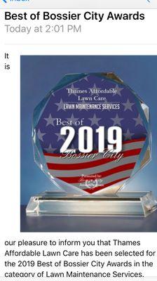 Best of Bossier City Awards 2019 in the category of Lawn Maintenance Services!