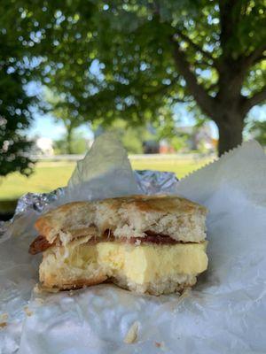 Egg, cheese and bacon on a biscuit!!