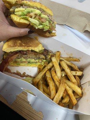 Jax Bacon Cheeseburger - 1/4 lb. Patty with Cajun Fries - Small (I added avocado and grilled onions)