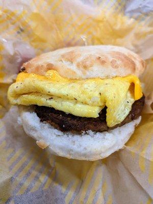 Sausage, egg, and cheese biscuit. $3.49.