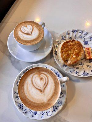 Housemade biscuit, cappuccino, and latte with seasonal housemade syrup