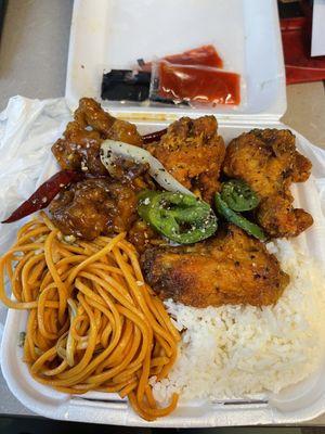 2 Item Combo: half white rice, half noodles, sesame chicken, fried chicken with/spicy salt and pepper.