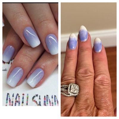 The one on the left is what I asked and PAID for the one on the right is what is I received. Literally the worst nail place I have been to.