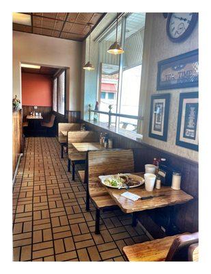 Inside Old Fashion Steak N Egger . Open 24/7 Breakfast Lunch Dinner. Steaks Sandwiches Burgers Salads Pancakes etc. Simple. Cool!