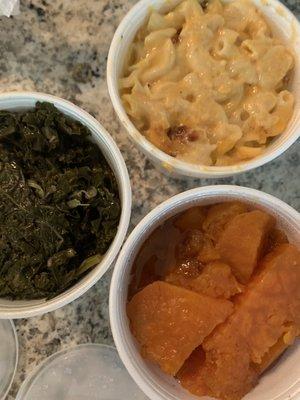 Sides of Collard Greens Large, Sweet Potatoes Large, and Mac n' Cheese Large