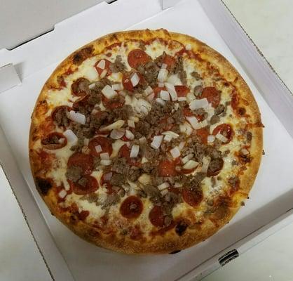 Large pizza with pepperoni, sausage, and onion