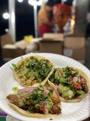 Pollo, asada and carnitas tacos