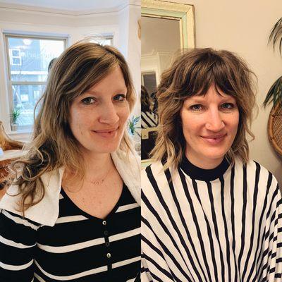 Before and after razor cut+ Bardot fringe