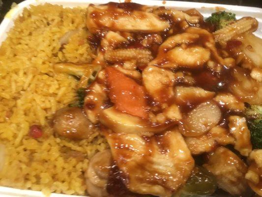 Garlic chicken combo plate with pork fried rice