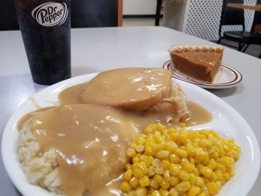 Turkey Manhattan with a side of corn, Pepsi, and a slice of homemade pumpkin pie.