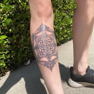 Love mandala shin tattoo, tattooed by Kyle and designed by me