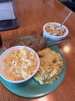 Meatloaf, cheesy mashed potatoes, Mac n cheese