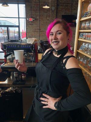 Our head Barista, Aja, brewing our tasty espresso drinks!