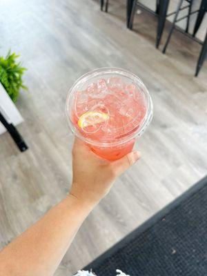 Fresh squeezed lemonade, with real fresh strawberries for flavor!