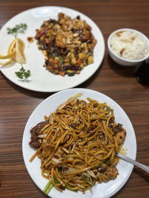 Kung Pao Chicken triple delight with steamed Rice and Combination Lo Mein