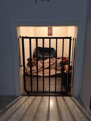 Dog kennel under stairs with wrought iron gate.