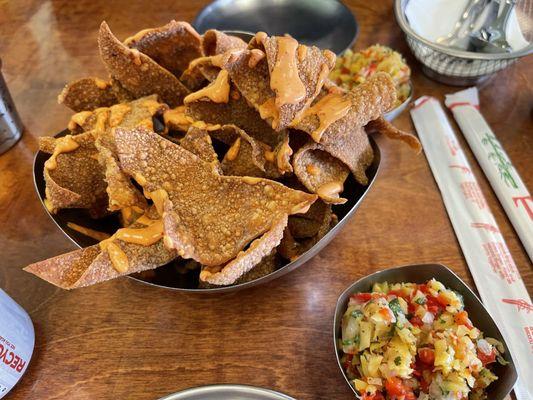 Fried wontons with pick sauce and jackfruit salsa. I will have this app every time I visit!!  WONTON CHIPS w/ JACKFRUIT SALSA