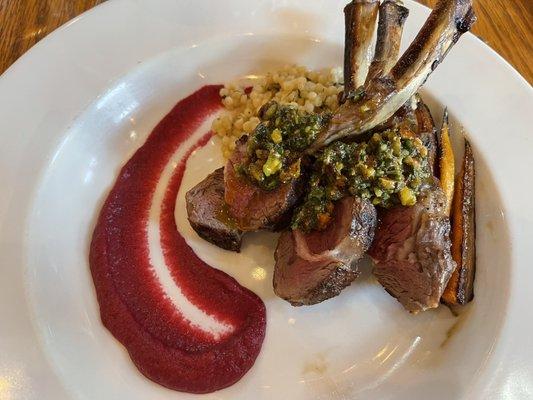 Lamb, roasted vegetable and a beet purée.