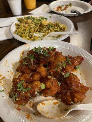 Gobi Manchurian and Bhel Puri with Mango Lassi in the back