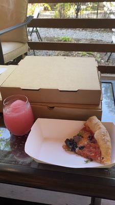 Frozen wine slushee and gluten free supreme pizza