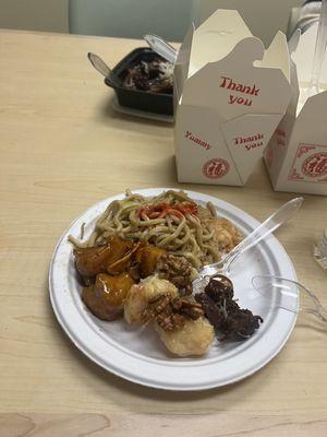 Orange chicken, walnut shrimp, chow mein