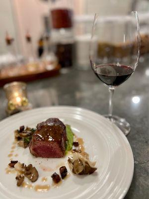 Bone marrow butter, basted lamb loin, pickled Maitaki mushrooms, truffle-sweet pea emulsion, lamb bacon Wine: 2016 Wm. Grassie Reserve Syrah