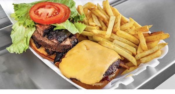 Brisket cheeseburger and fries