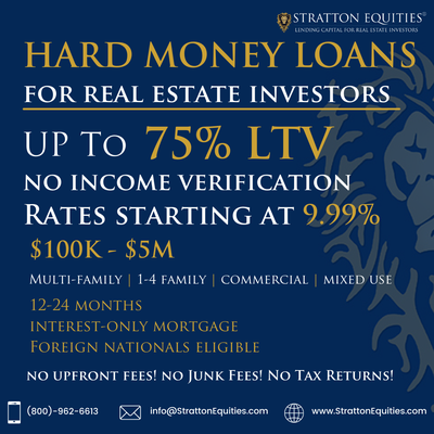 Hard Money Loans Rates starting at 9.99%. Up to 75% LTV APPLY NOW!