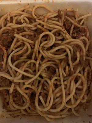 Spaghetti with meat sauce. I started eating but this is my fave spaghetti, flavorful and less acidic.