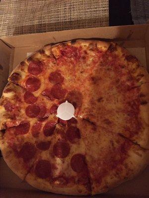 1/2 Pepperoni/plain pizza pie, large (14"). Seemed a bit "small" for a large pie, but it was a decent pizza. (4/23/2017)