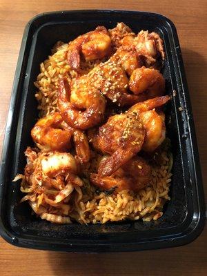 Double spicy shrimp (12 each), double kimchi (each corner), over a bed of kimchi rice .. Slap Yo Momma Good !!!