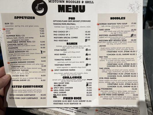 Front of menu at Midtown Noodles & Grill