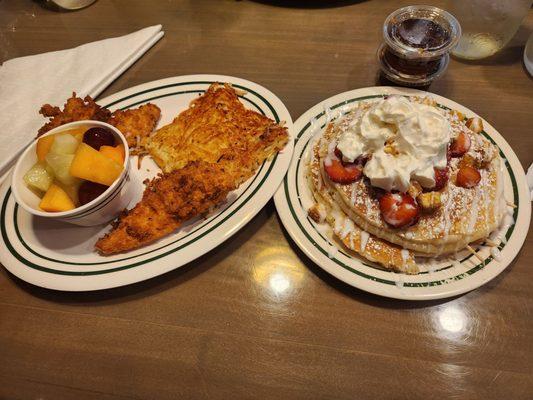 I ordered NY Cheesecake pancakes meal.  I substituted pork for chicken strips and the eggs with fruit. Delicious!